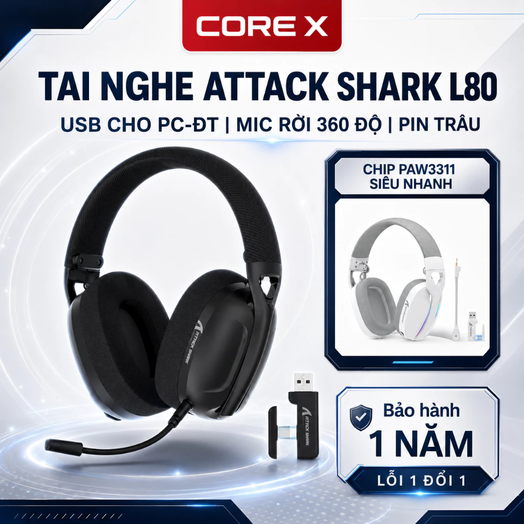 Tai Nghe Không Dây Chụp Tai Bluetooth Attack Shark L80 Super Bass Âm Thanh Vòm Có Mic Chơi Game BH12th