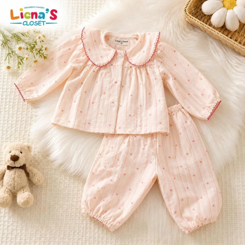 Set Pijama Cho Bé Gái Vải Đũi Vân Mây Cao Cấp  Áo Cổ Sen Mềm Mại Mặc Ở Nhà