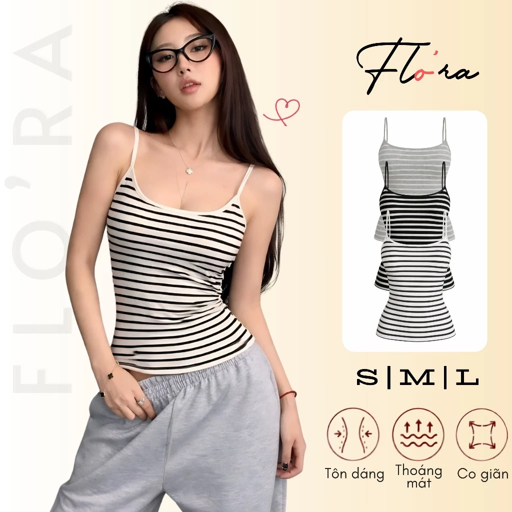 Áo HAI DÂY MẢNH BORIP LỤA Ôm Body Sọc Ngang DD19, Áo Thun Nữ 2D Mềm Mát Flo'ra