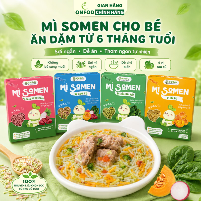 Mì Somen cho bé ăn dặm từ 6 tháng tuổi ONFOD ANPASO vị rau củ bí đỏ củ cải củ dền mix