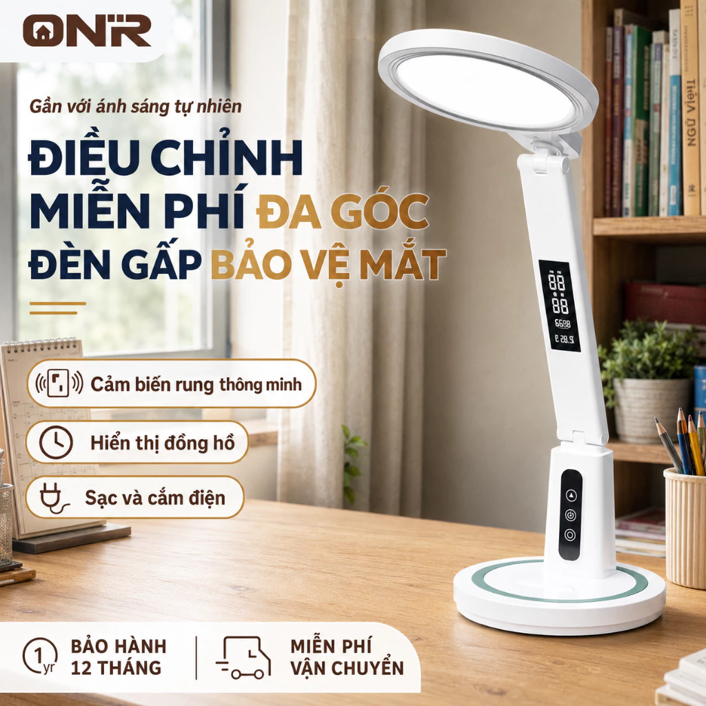 ONR-Đèn Bàn Học LED Bảo Vệ Mắt, Cảm Ứng, Điều Chỉnh Độ Sáng, Gấp Gọn, Pin Sạc
