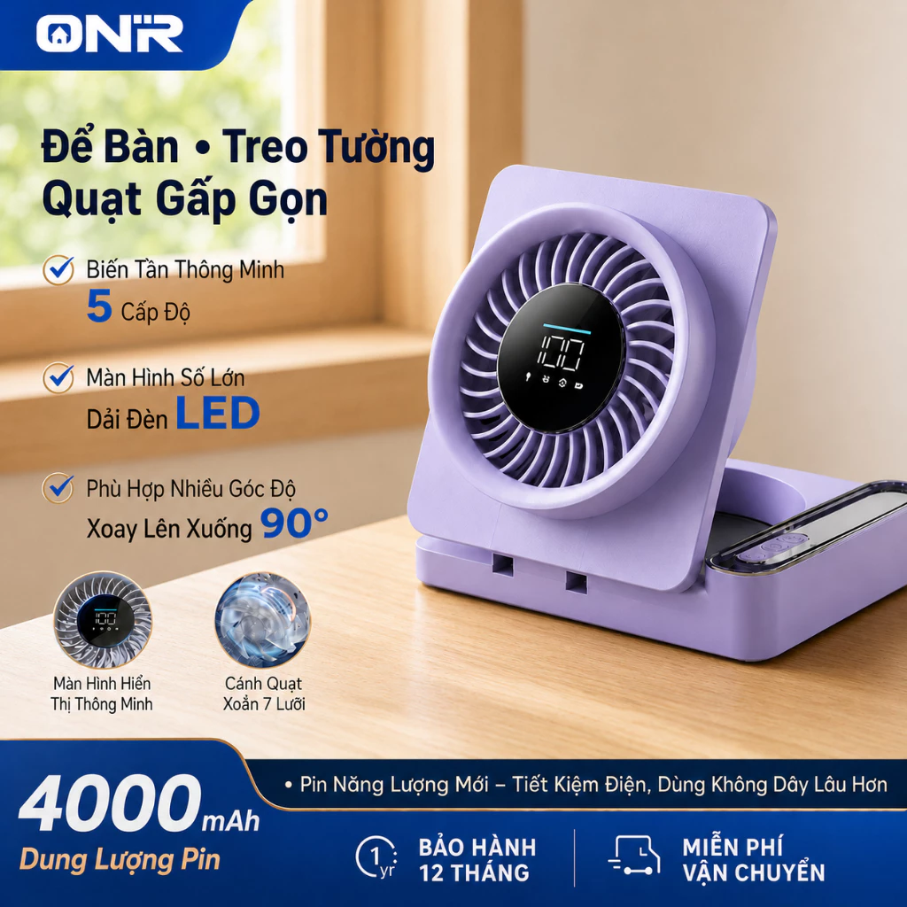 ONR Quạt Bàn Tích Điện 4000mAh, Sử Dụng Lâu, Gió Mạnh Chạy Êm, Dùng Cho Phòng Ngủ Văn Phòng