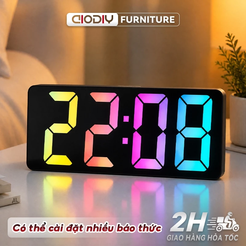 Đồng Hồ Để Bàn AIODIY - Báo Thức Điện Tử, Hiển Thị Ngày Nhiệt Độ, LED RGB Đổi Màu, Trang Trí Bàn Làm Việc