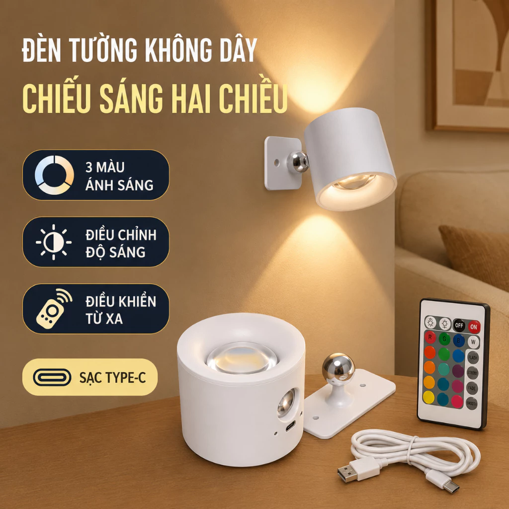ONR-Đèn LED Gắn Tường Không Dây, Nam Châm Xoay 360°, Pin Sạc, Chỉnh Độ Sáng, Đèn Ngủ