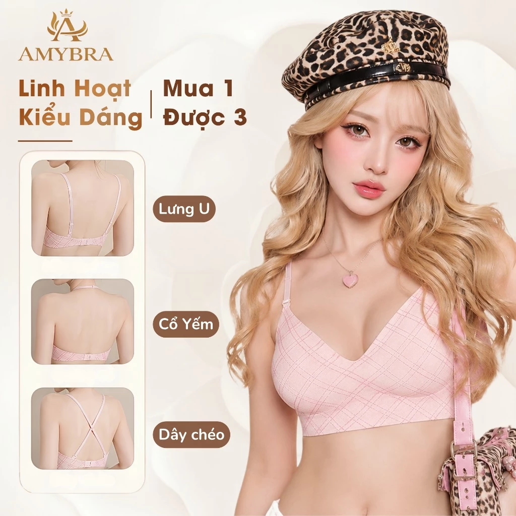 Áo Ngực Nữ Không Gọng Đệm Mỏng 1cm Cố Định, Áo Lót Kẻ Caro Hở Lưng Linh Hoạt AMYBRA A984