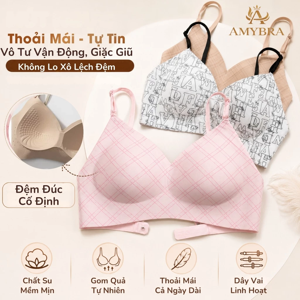 Áo Ngực Nữ Đúc Su Không Gọng Họa Tiết Caro Đệm Mỏng 1cm, Áo Bra Đa Dạng 3 Kiểu Hở Lưng AMYBRA A984