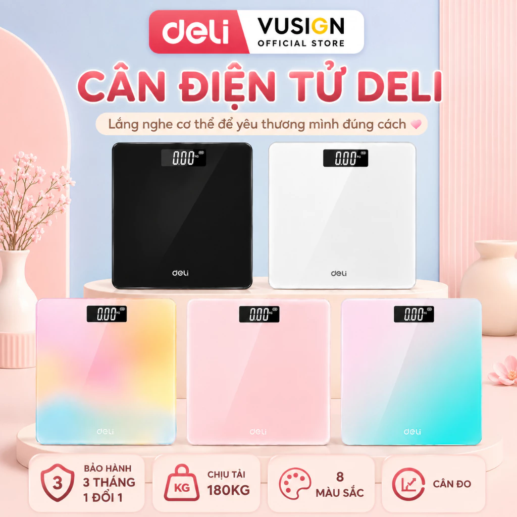 Cân Điện Tử Sức Khỏe DELI Chịu Tải 180KG Màn Hình Số LCD Cân Chính Xác Bảo Hành 3 Tháng Kèm Pin