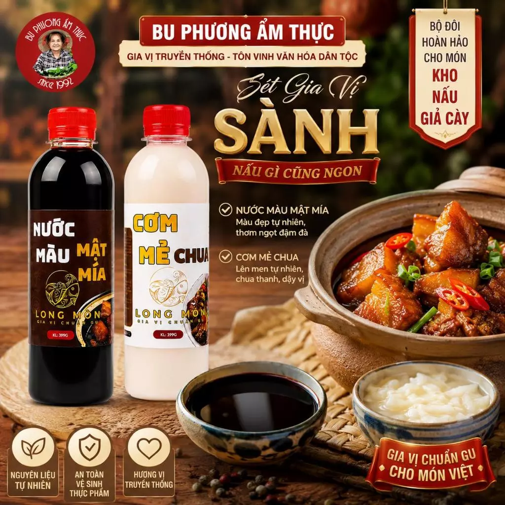 Combo Gia Vị Sành: Nước Màu Mật Mía + Cơm Mẻ Chua Thương Hiệu Bu Phương Ẩm Thực.