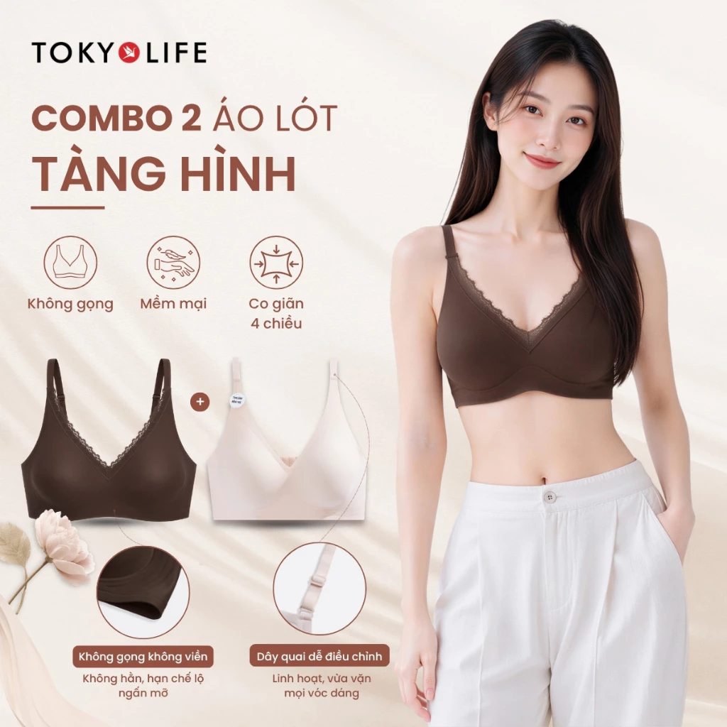 Combo 2 áo lót không gọng TOKYOLIFE tàng hình không viền đệm 1.5cm nâng ngực mềm mịn thoáng khí 40001912 & 40006070
