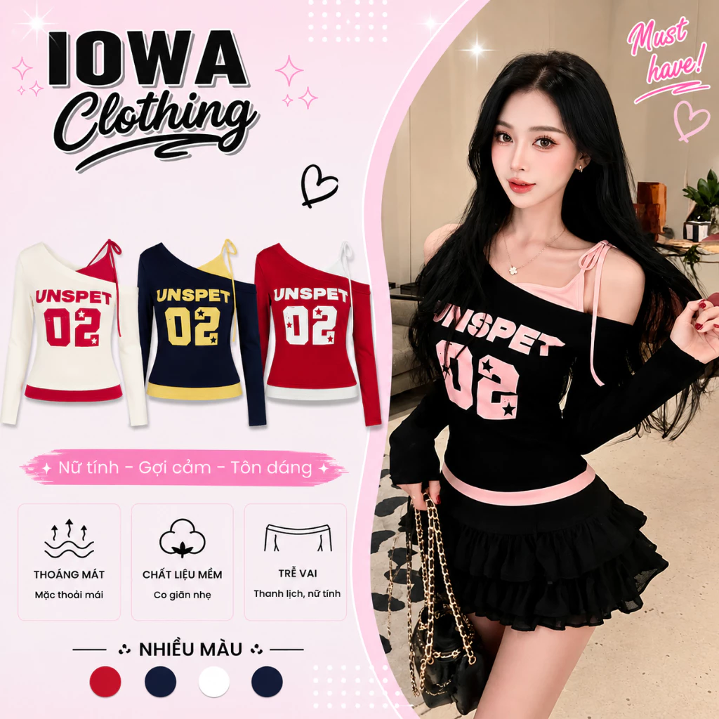 Áo Thun Nữ Tay Dài Lệch Vai Phối Yếm In 02 IOWA DD166 - Thun Borip Co Giãn, Mềm Mát