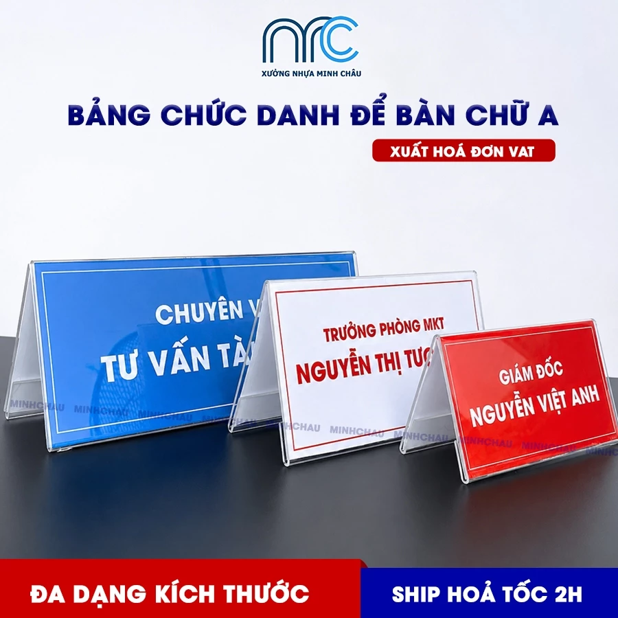 (Có hoá đơn VAT) Combo 2 Bảng chức danh mica để bàn, Bảng tên mica chữ A trong suốt 2 mặt - Bao đổi trả