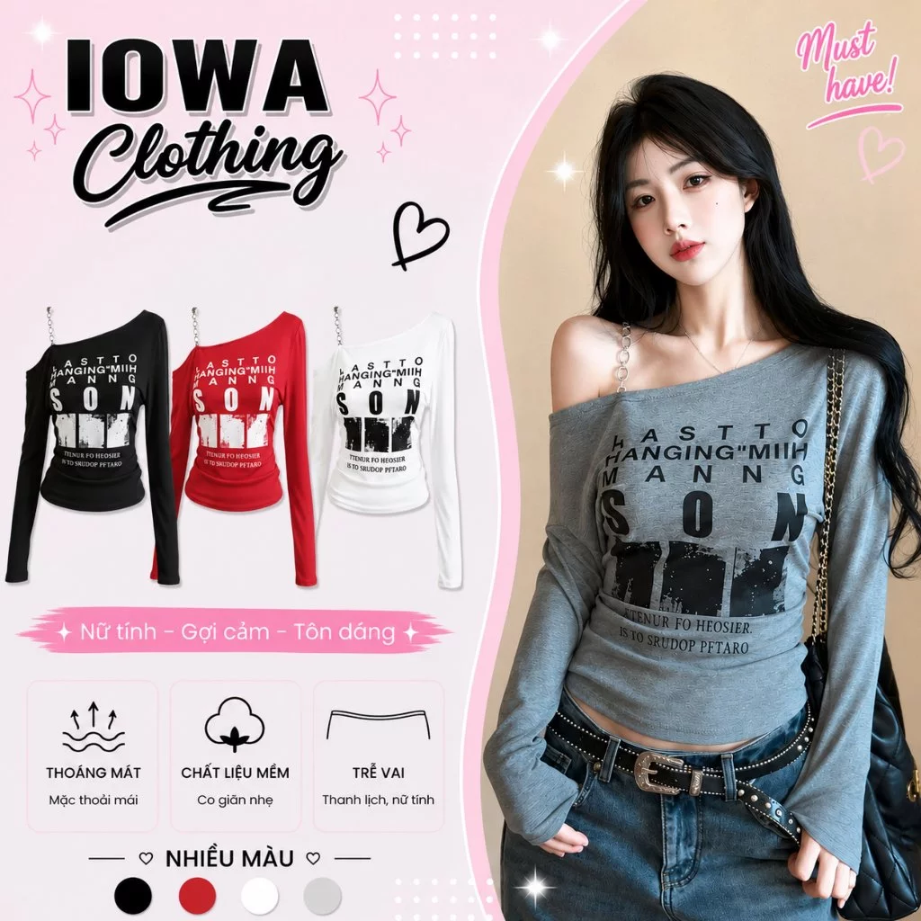 Áo Thun Nữ Tay Dài Lệch Vai Phối Xích In Chữ Ôm Body IOWA DD167 - Thun Borip Co Giãn