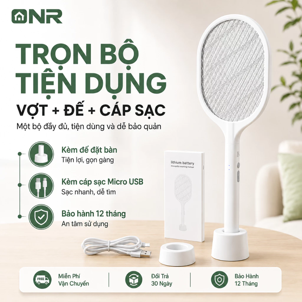 Vợt Muỗi Điện Điện Áp 2500V Đèn Thu Muỗi Màu Xanh Sạc 5V/1A Micro USB Kèm Dây Sạc Và Đế Đứng