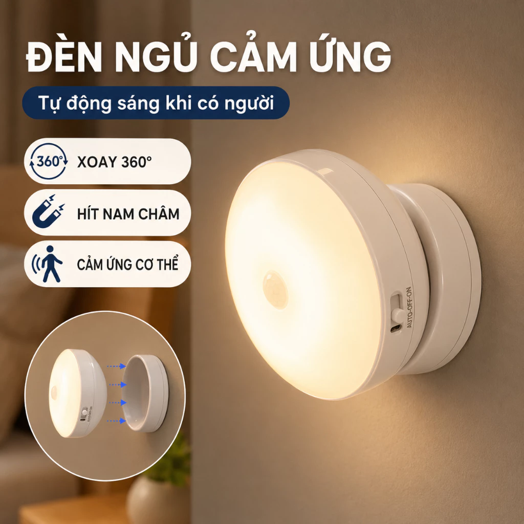 ONR-Đèn Ngủ Cảm Ứng Thông Minh Không Dây, Nam Châm Gắn Tường, Xoay 360°, Tự Động Bật Tắt