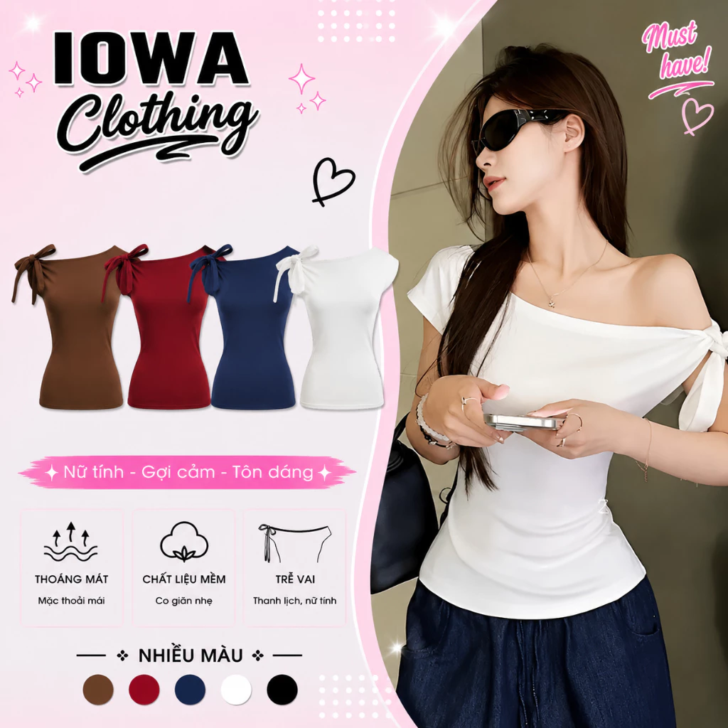 Áo Thun Nữ Trễ Vai Thắt Nơ Cộc Tay Mặc Nhiều Kiểu IOWA DD94 - Thun Borip Co Giãn, Mềm Mát