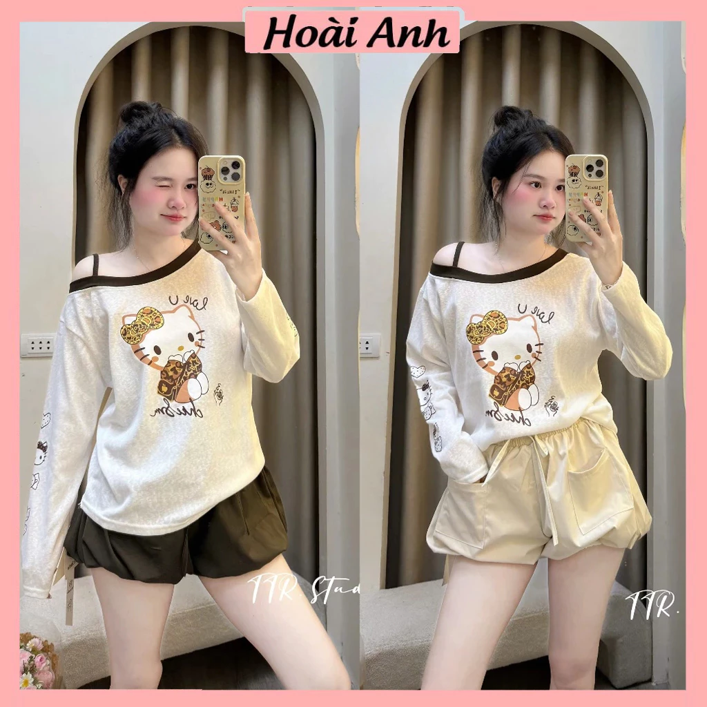 Set Bộ Đồ Nữ Áo Thun Giấy Trắng Lệch Vai Phối Viền Nâu In Mèo Kitty Dài Tay Mix Quần Sooc Đùi Gấu Phồng Bí
