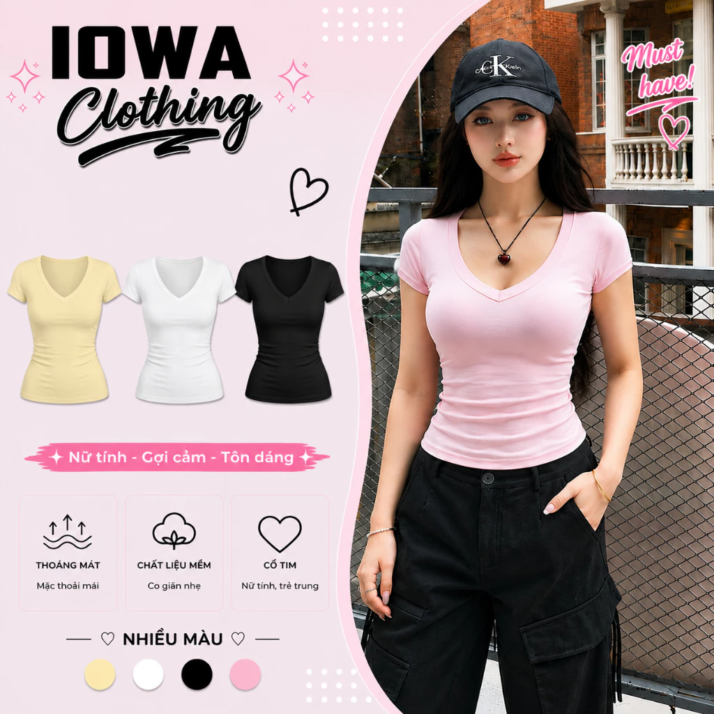 [MỞ BÁN] Áo Thun Nữ Tay Ngắn Cổ Tim Ôm Body IOWA DD45 - Borip Lụa Kiểu Trơn Mềm Mát