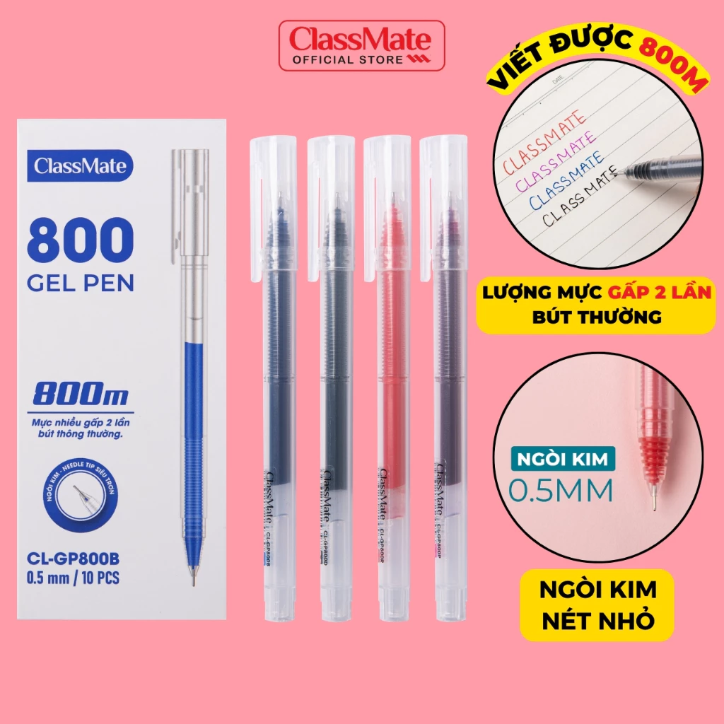 Bút Gel Nắp ClassMate Bút Ngòi Kim Viết 800M, Bút Viết Siêu Lâu, Siêu Mượt, Bút Liền Thân 0.5MM Mực Nhanh Khô GP800