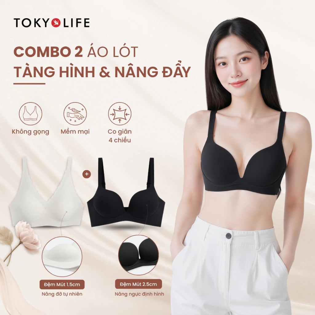 Combo 2 Áo Lót Nữ TOKYOLIFE Không Gọng Thoải Mái Đệm 1.5cm & Nâng Ngực Định Hình Mút Dày 2.5cm 40006070 & 40006072