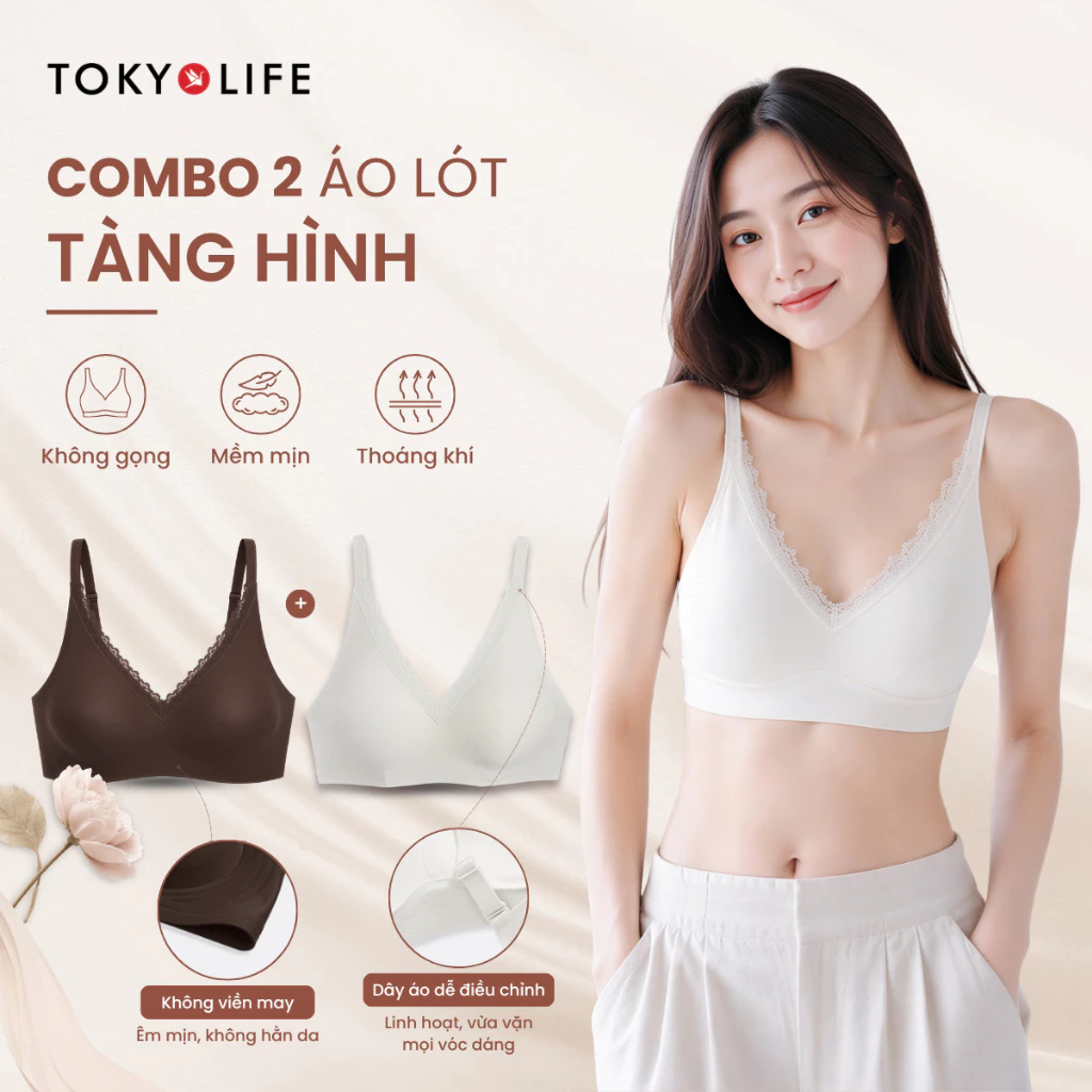 COMBO Áo Lót Nữ Không Gọng TOKYOLIFE Đệm 1.5cm Thoáng Khí Nâng Ngực Nhẹ Phối Ren 40006070
