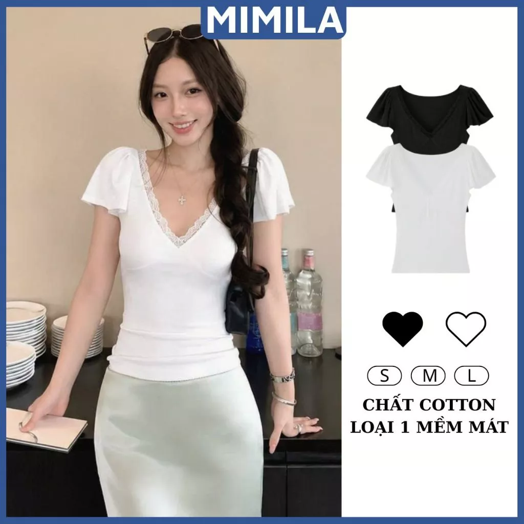 [CÓ SIZE] Áo Thun Tay Bồng Cổ Tym Phối Ren MIMILA Ôm Body Mặc Ở Nhà Mặc Đi Chơi Chất Cotton Mềm Mát - MA375