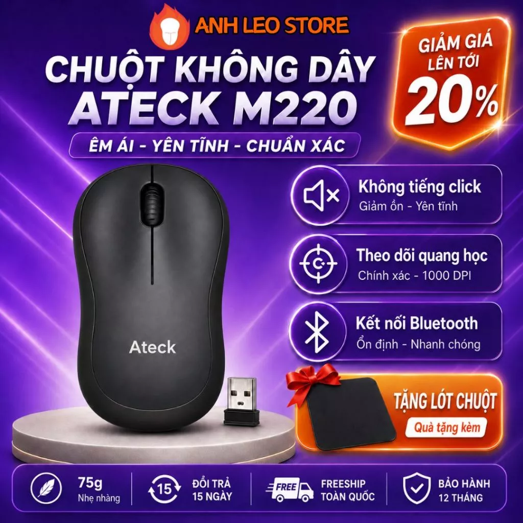 Chuột Không Dây Bluetooth Ateck M220 Silent siêu yên tĩnh Chống ồn Nhỏ Gọn Cho Laptop PC Văn Phòng