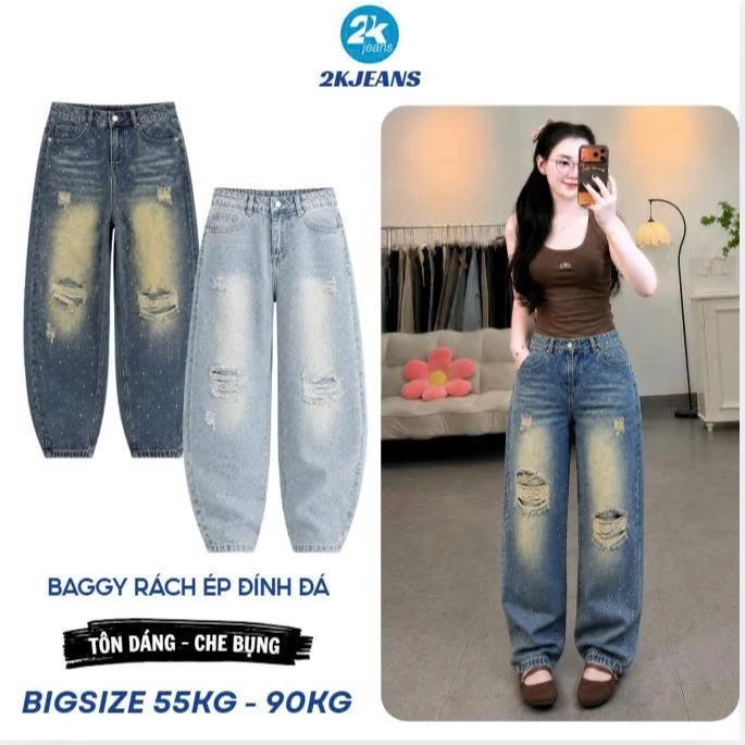 Quần baggy jean nữ rách cạp lưng chun Bigsize 55kg-90kg, kiểu dáng quần rách gối ép đá MS250 2KJeans
