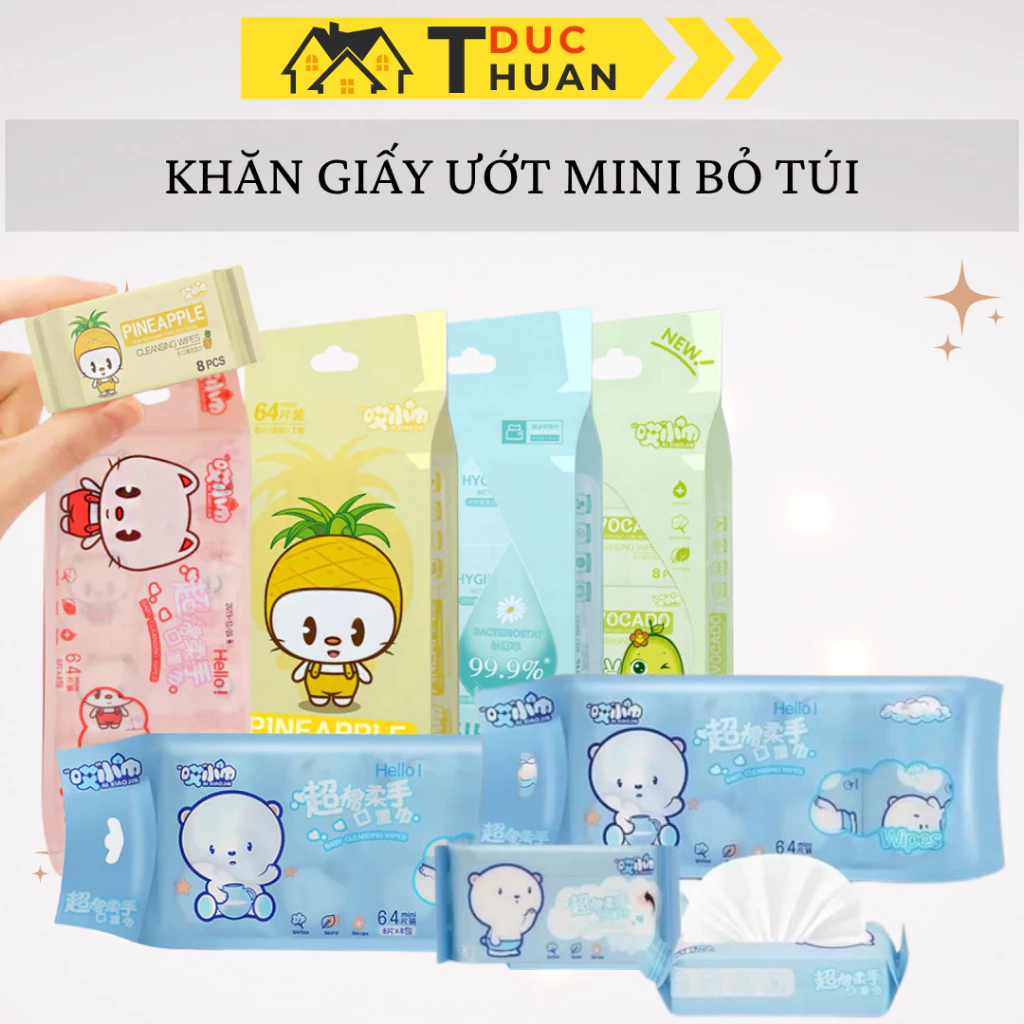 Khăn Giấy Ướt Mini Bỏ Túi Bịch 8 Gói 64 Chiếc Khăn Không Dệt Đa Năng Tiện Lợi - DT HOME