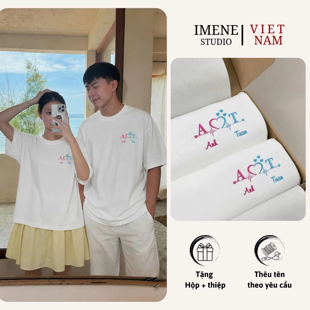 Áo thun cặp đôi nam nữ, áo thun cặp đôi thêu tên theo yêu cầu, có phông nữ chất cotton form rộng