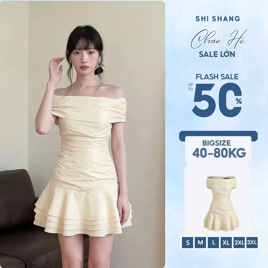 Đầm Trễ Vai Dáng Ngắn Chạy Rúm Xòe Tầng, Đầm Dự Tiệc Thanh Lịch Có Bigsize Shi Shang