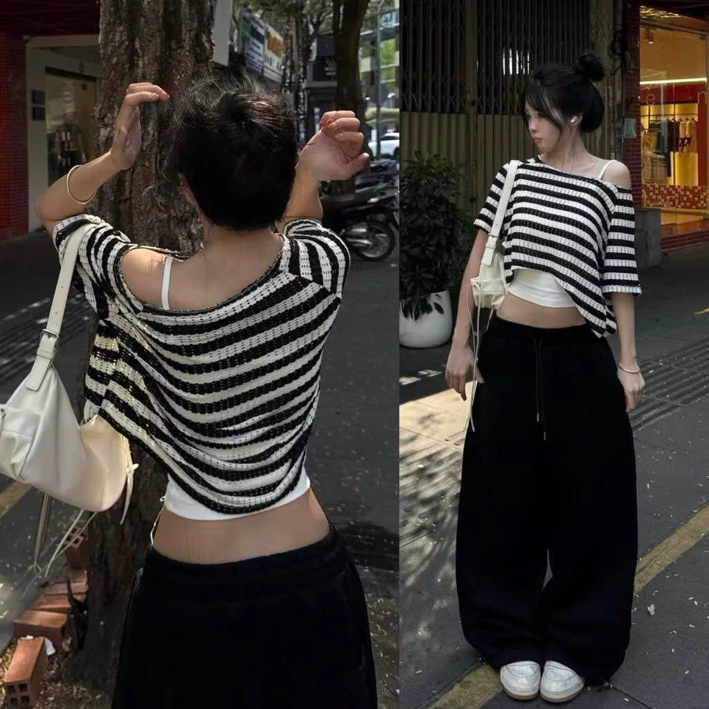 Áo Croptop đi biển Sọc Len Dệt Kim, Tay Lỡ Dáng Rộng Gợi Cảm Không Kèm Áo Lót Bên Trong LB76