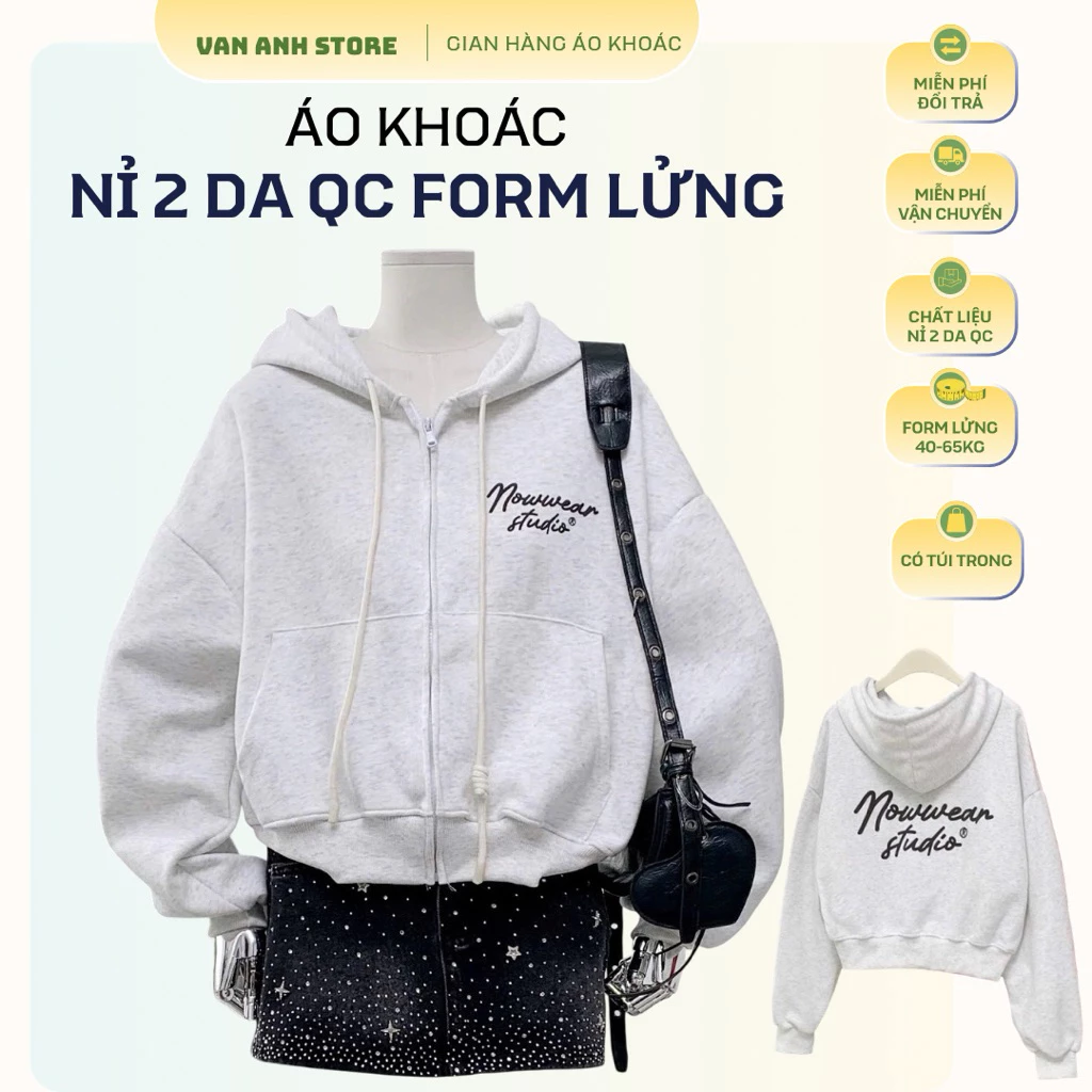 Áo Khoác Nỉ QC 2 Da Form Lửng In Nổi Nowwear Studio Áo Khoác Nữ Form Ngắn 35-60kg Vải Mềm Mịn Không Xù, Có Túi Trong