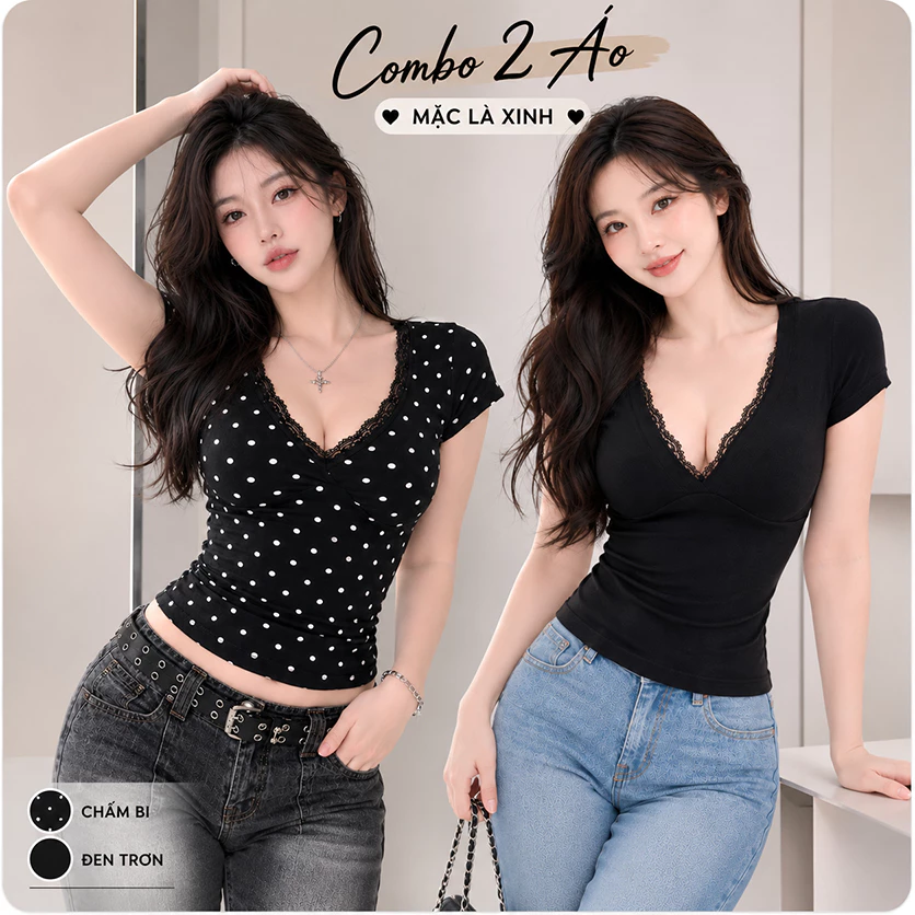 Áo Thun Nữ Cổ V Phối Viền Ren Form Ôm Body Bigsize 45-100kg Moli Jeans AT13 Chất Cotton Mịn Co Giãn