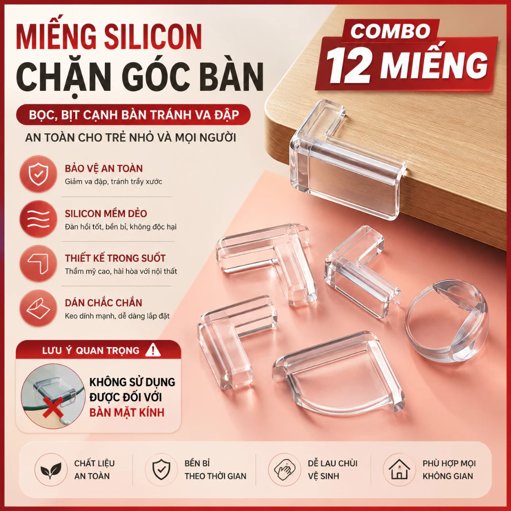Combo 12 Miếng Silicon Chạn Góc Bàn, Miếng Bọc Cạnh Bàn Tránh Và Đập An Toàn Cho Trẻ Nhỏ Và Mọi Người Trong Gia Đình