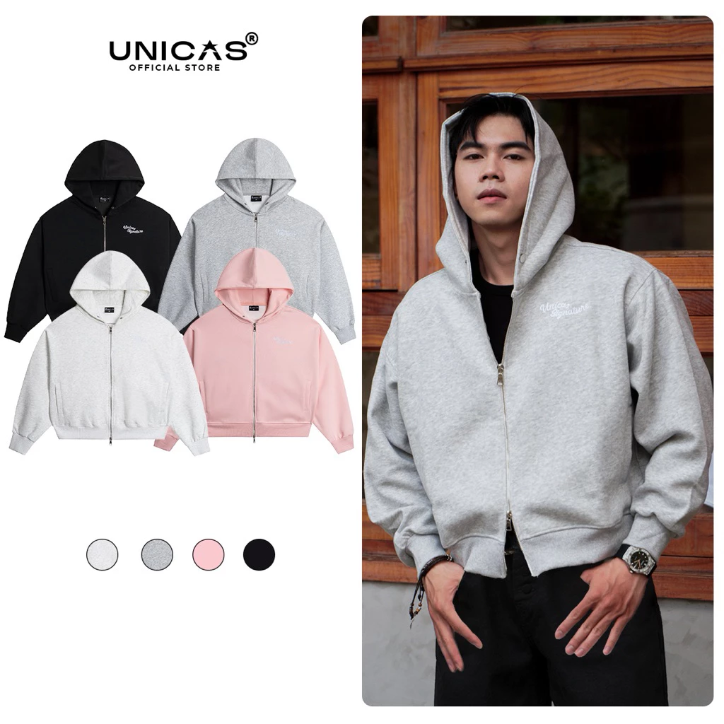 Áo Khoác Hoodie Zipper UNICAS Form Boxy Vải Nỉ Cotton Khoá Kéo 2 Chiều