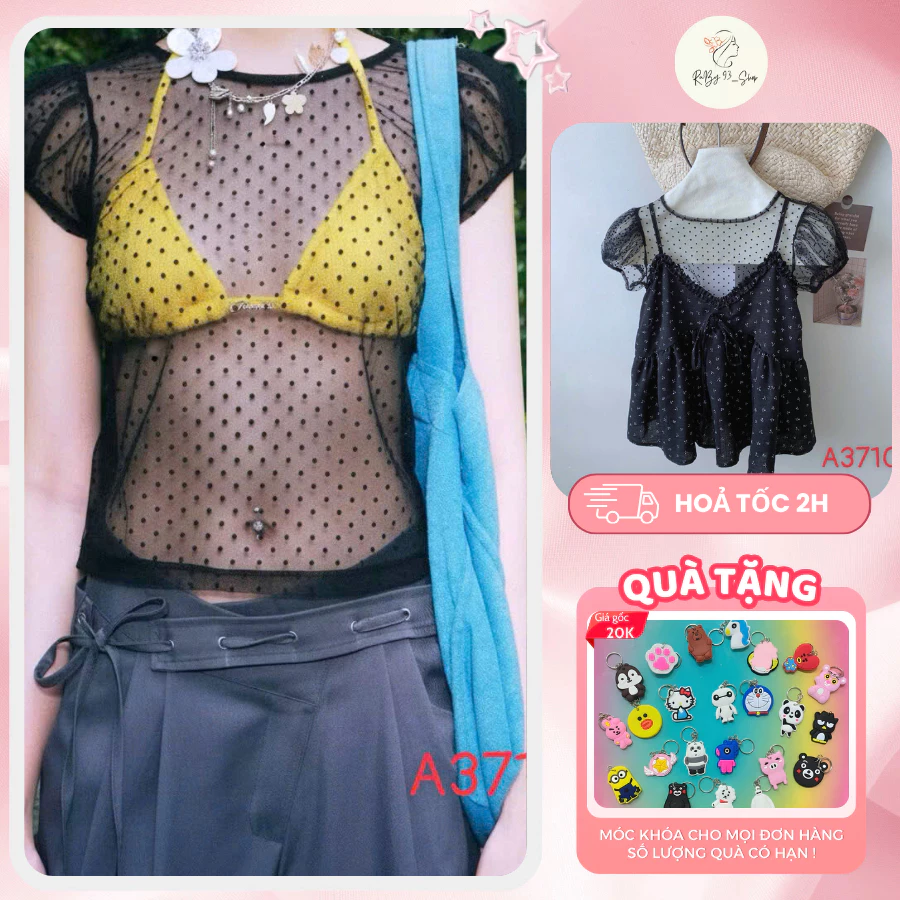 Áo Ren Lưới Trong Suốt Họa Tiết Chấm Bi Tay Phồng Gợi Cảm Dáng Croptop Dễ Phối Đồ Đi Biển Đi Chơi Co Giãn Thoáng Mát