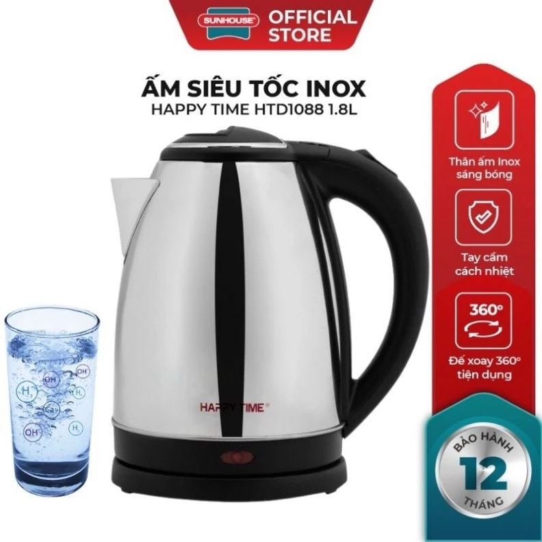 Ấm siêu tốc Inox 1.8L SUNHOUSE Happy Time HTD1088, Chất liệu Inox cao cấp - Bảo hành 12 tháng