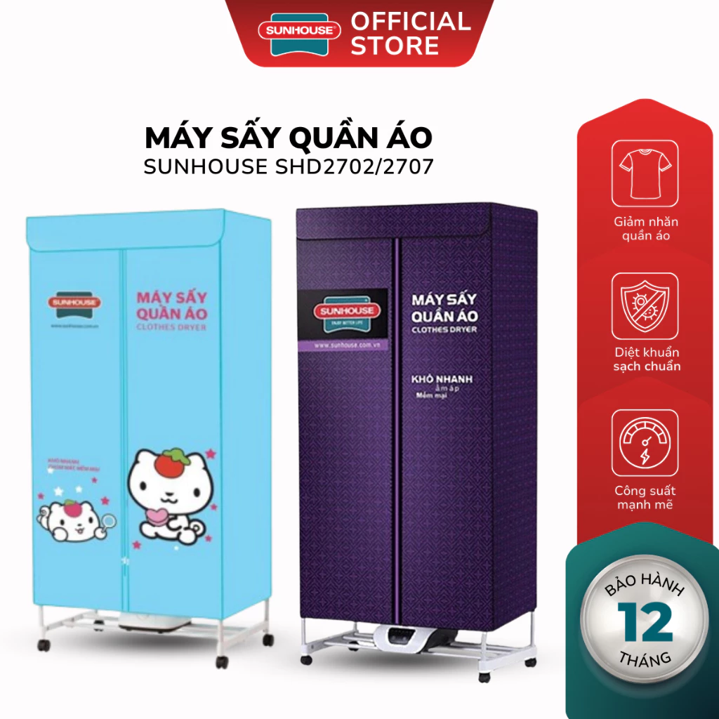 Tủ sấy quần áo sunhouse shd2707 sấy 20kg - Khử khuẩn - Sấy khô - Hàng chính hãng bảo hành 12 tháng