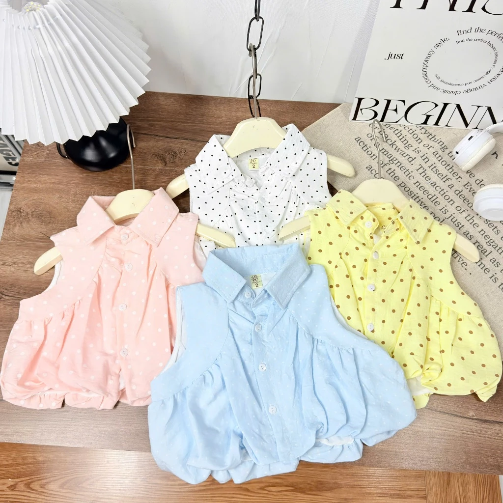 ( Xưởng May HK ) Bộ Đũi Bé Gái Chấm Bi Sát Nách Cổ Sơ Mi 10-23 kg - Set Đồ Bộ Bé Gái Vải Đũi Mềm Mịn Đi Học Đi Chơi