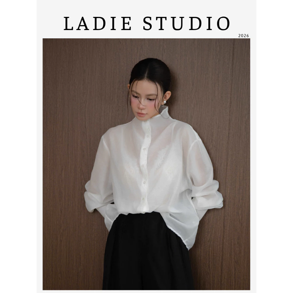 [LADIE STUDIO] Áo sơ mi linen cổ trụ – áo nữ form rộng thanh lịch phong cách Hàn Quốc AO07