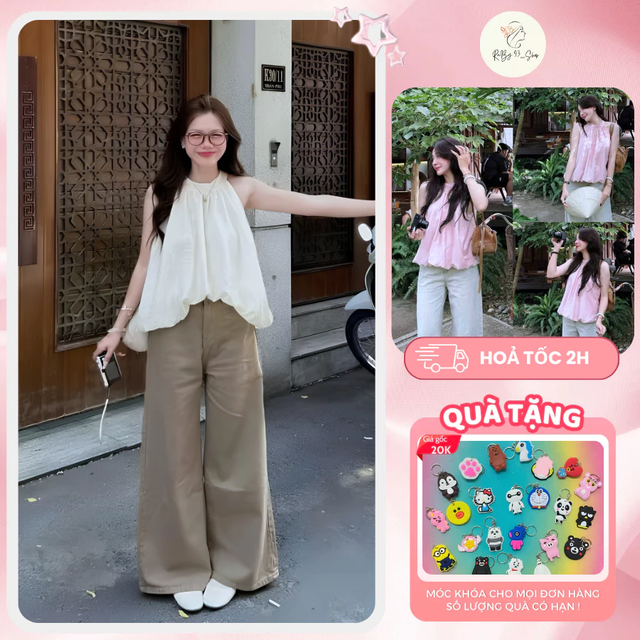 Áo yếm dáng bí tơ, áo kiểu nữ cổ yếm chất tơ đũi nhăn mỏng mùa hè đi chơi, đi biển phong cách trẻ trung
