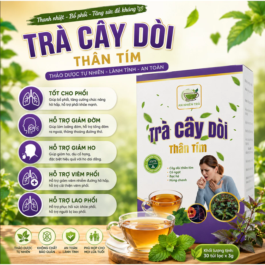 Trà cây dòi thân tím cao cấp. Hỗ trợ vấn đề về phổi, đờm, ho, làm mát. Hộp 30 túi lọc.