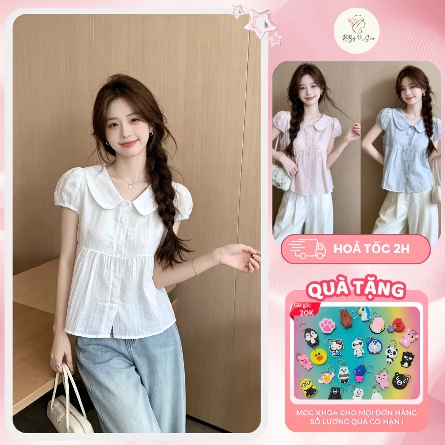 Áo Sơ Mi Babydoll Nữ, Áo Cổ Sen Chấm Bi Chất Tơ Tay Ngắn Form Rộng Tiểu Thư Hàn Quốc Dễ Phối