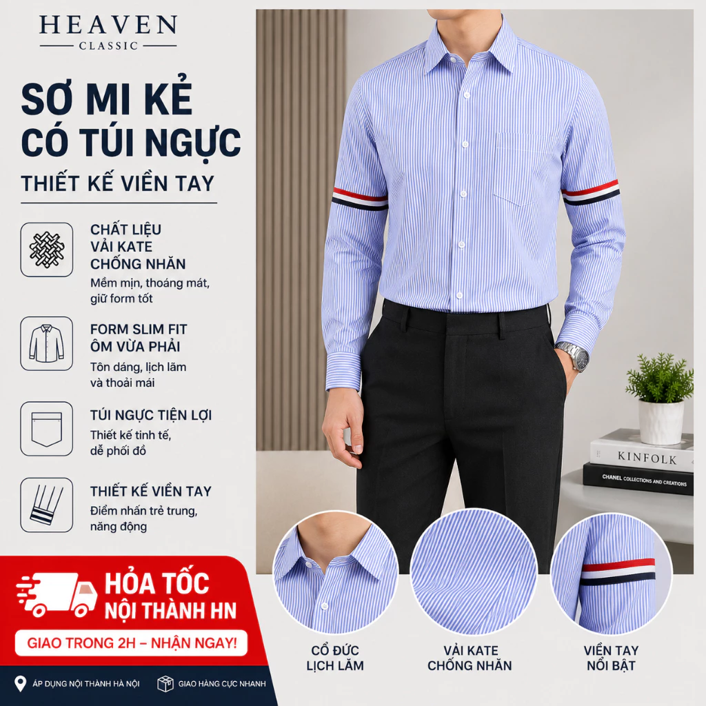 Áo Sơ Mi Nam Dài Tay Sọc Xanh Viền Tay Có Túi Ngực – Thời Trang Công Sở, Chất Vải Mát, Form Slim