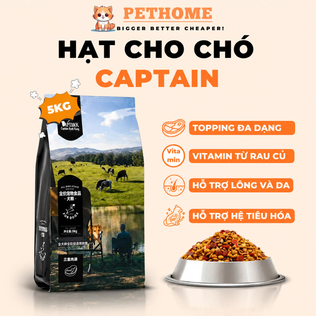 [5kg] Thức Ăn Cho Chó Captain Hạt Cho Chó Kén Ăn Vị Bò Cá Hồi Phô Mai Táo Đỏ Cho Mọi Giống Chó