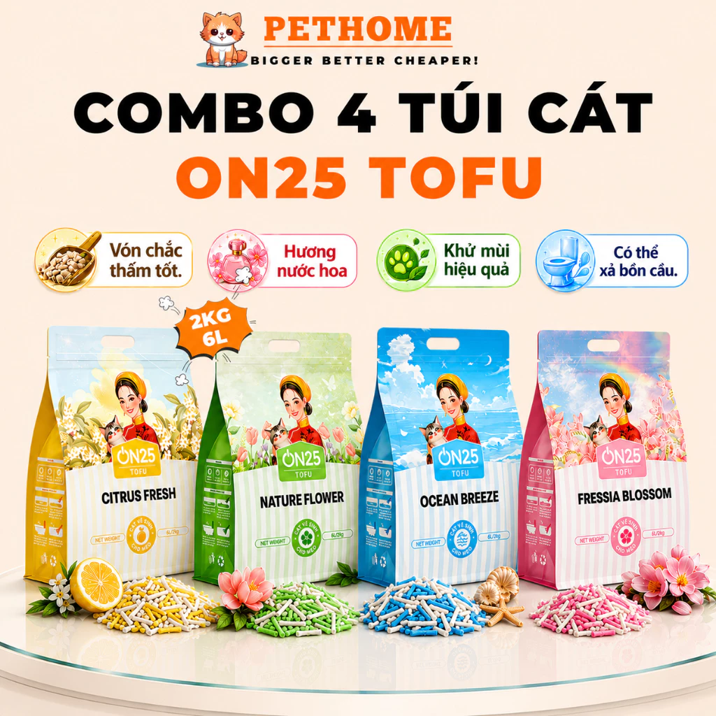[Combo 4] Cát Đậu Nành ON25 TOFU Cho Mèo 2kg 6L, Thơm Như Nước Hoa, Vón Chắc, Khử Mùi Hiệu Quả