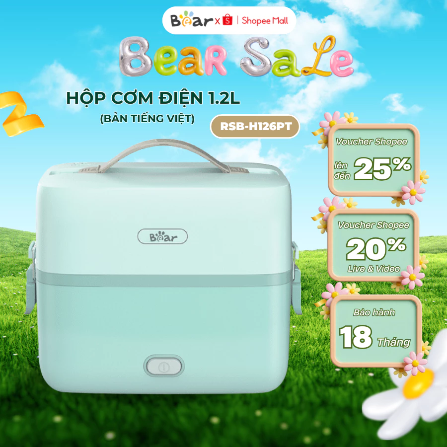 Hộp cơm điện cầm tay đa năng 1.2L Bear RSB-H126PT, 270W, hâm/nấu văn phòng, khay inox304,BH 18 tháng