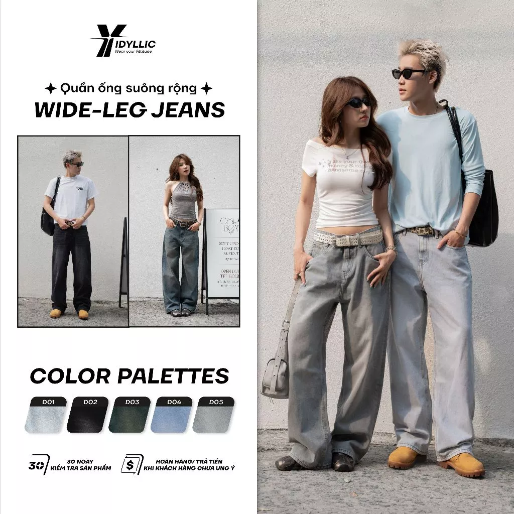 IDYLLIC_Quần Jeans Cotton Unisex Form Wide Leg Nam Nữ Ống Suông Rộng Màu Wash  Thời Trang