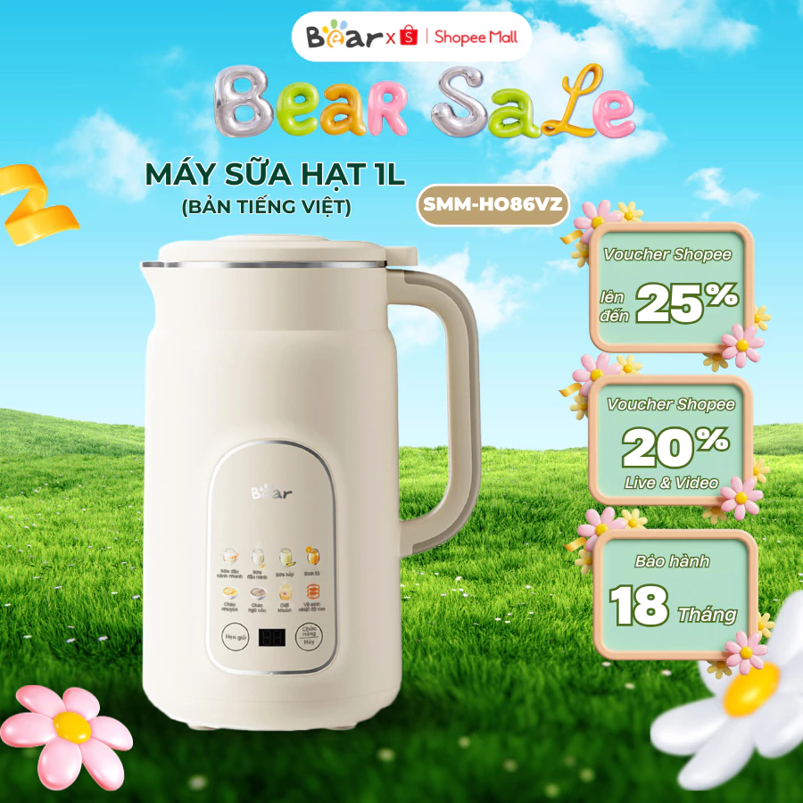 Máy làm sữa hạt 1L đa năng Bear SMM-HO86VZ, 800W, 8 Chế độ nấu,12 Lưỡi inox xay sinh tố, BH 18 tháng