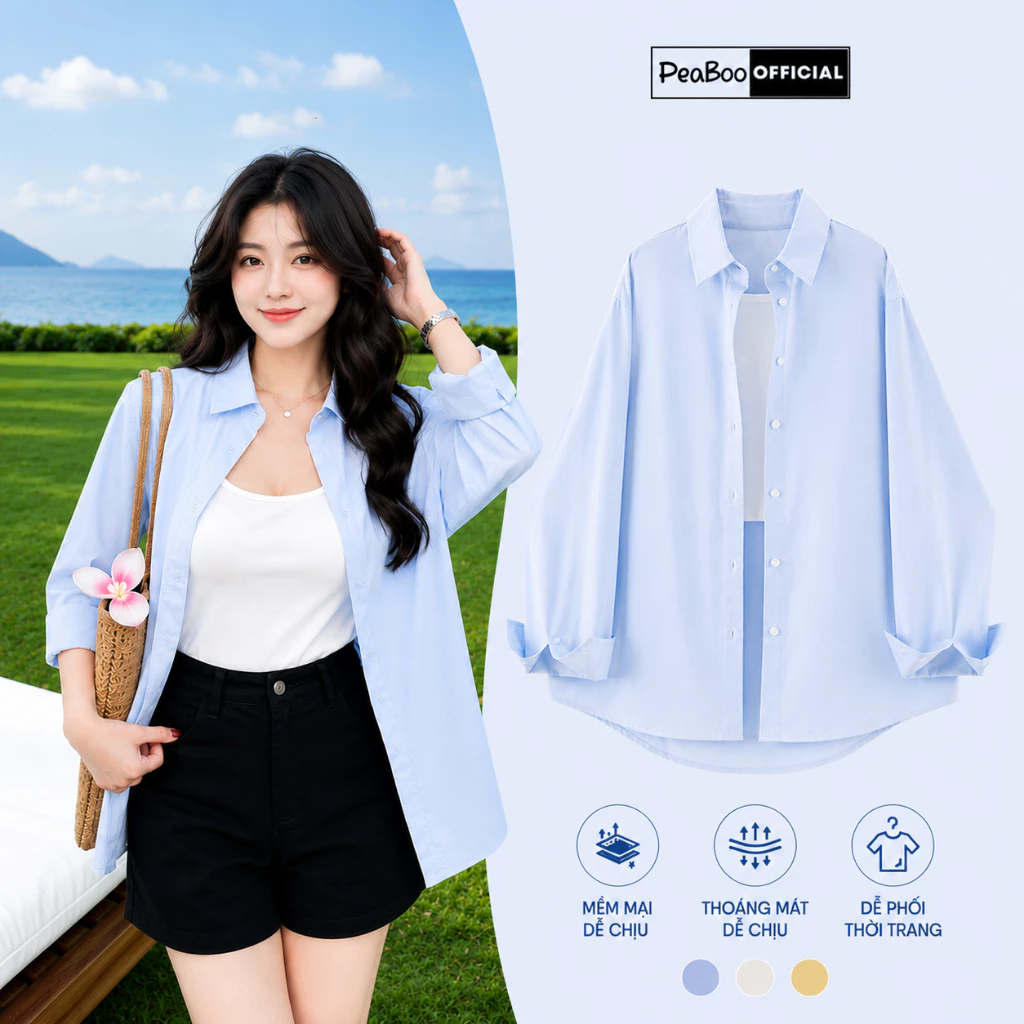 Áo Sơ Mi Thô THÊU Nam Nữ Dài Tay By PEABOO Mã SM Trơn Mềm Mịn Form Rộng Thoải Mái Dáng Unisex